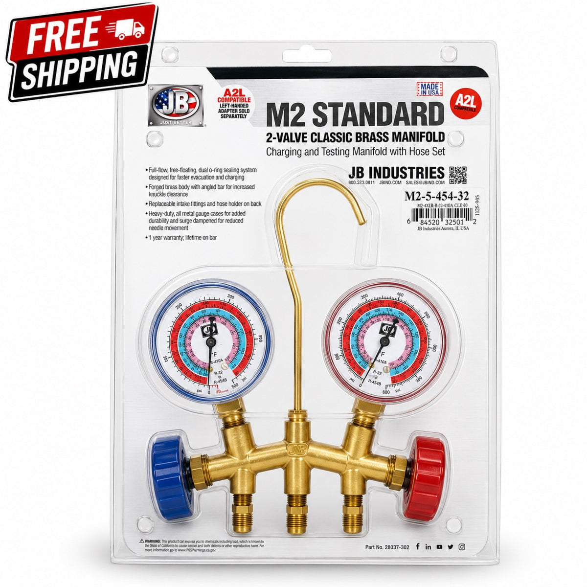 JB Industries M2 A2L 2-Valve Brass Manifold Gauge Set