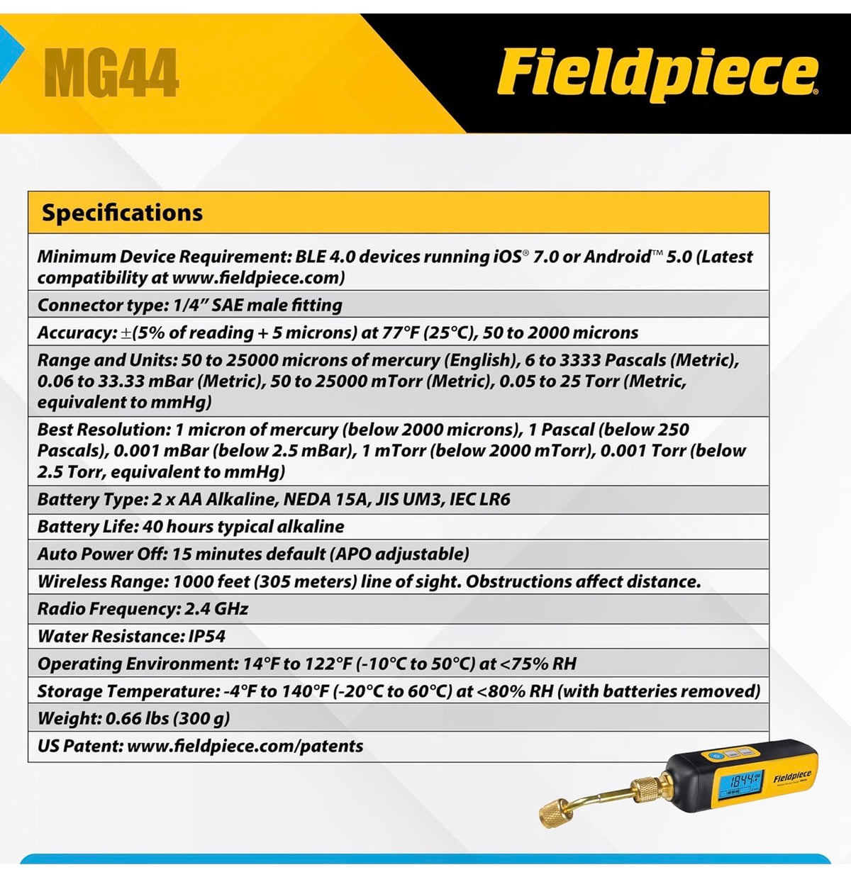 Fieldpiece MG44 specifications