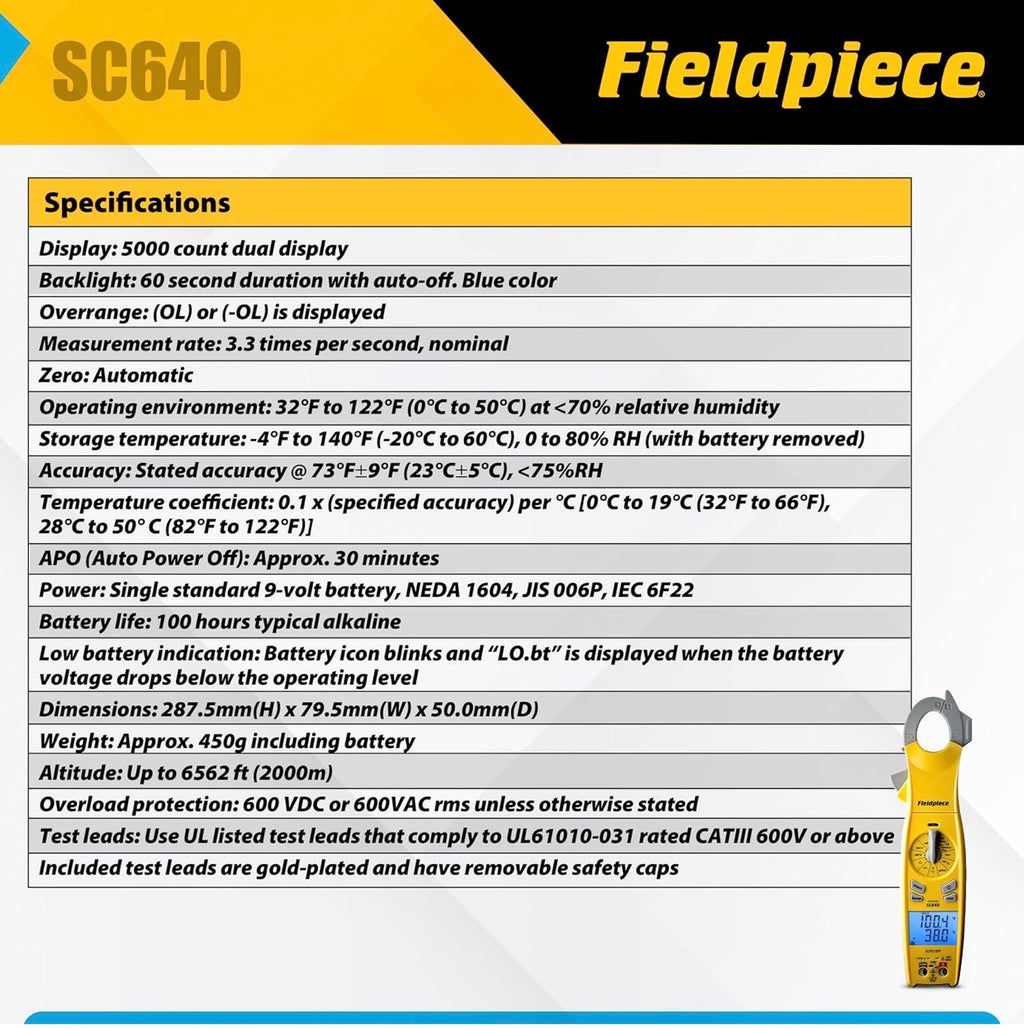 Especificaciones del Fieldpiece SC640