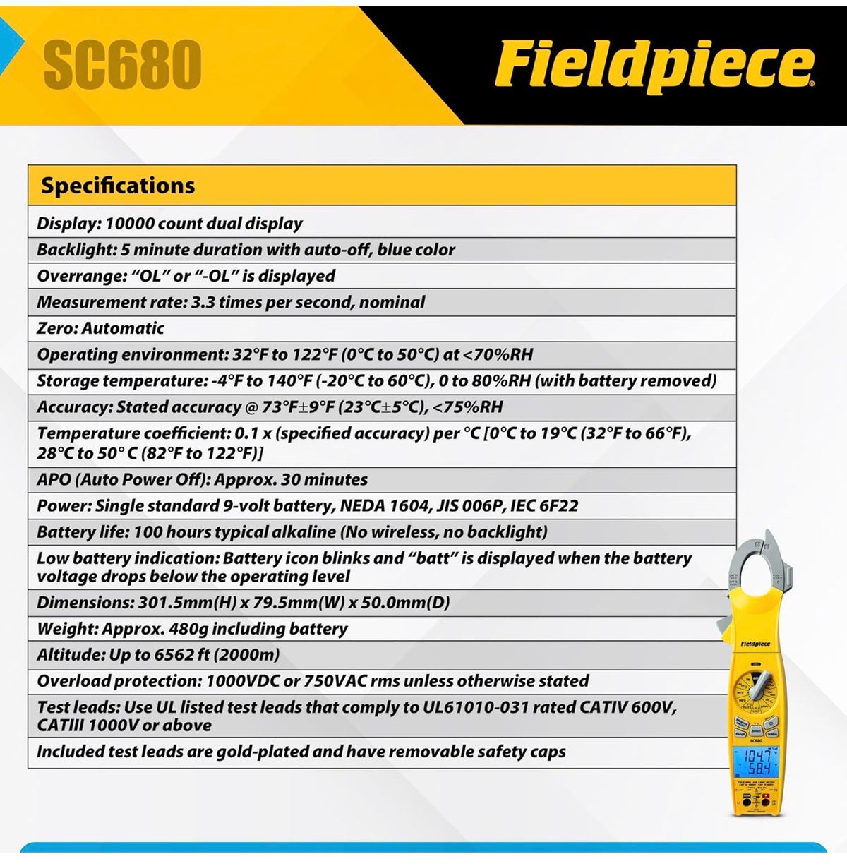 Especificaciones del Fieldpiece SC680