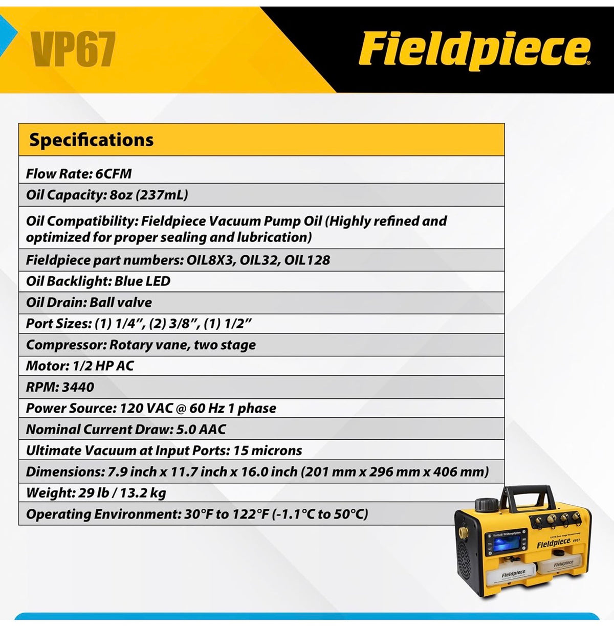Fieldpiece VP67 specifications
