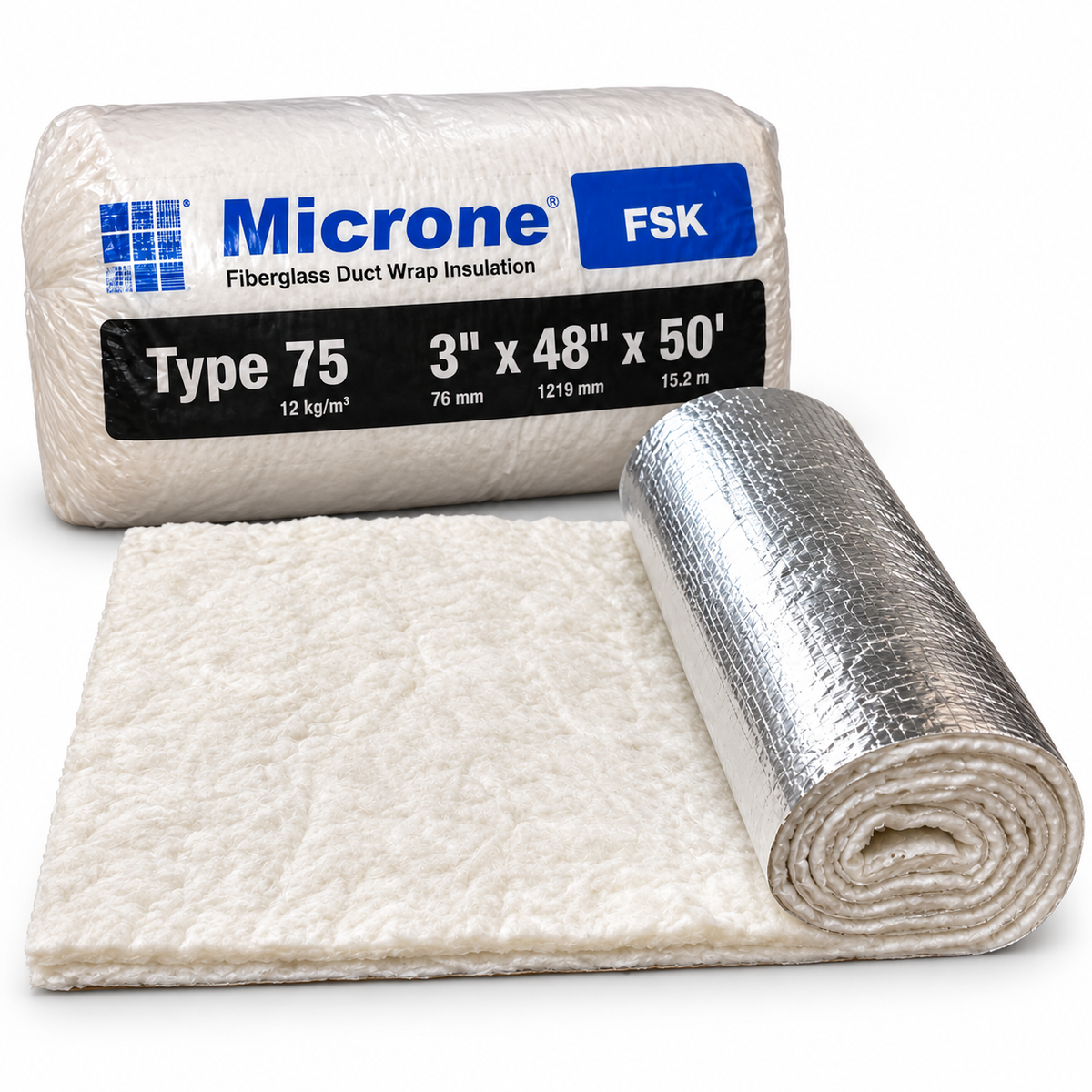 Microne FSK Type 75 aislante de fibra de vidrio para ductos de 3 pulgadas por 48 pulgadas por 50 pies