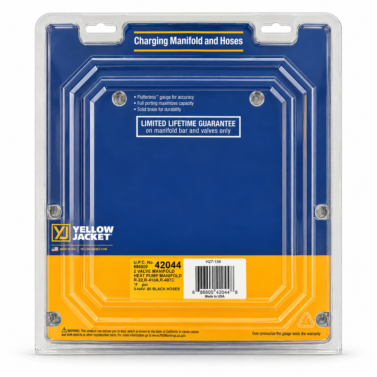 Yellow Jacket 42044 heat pump and hoses, back view with specifications