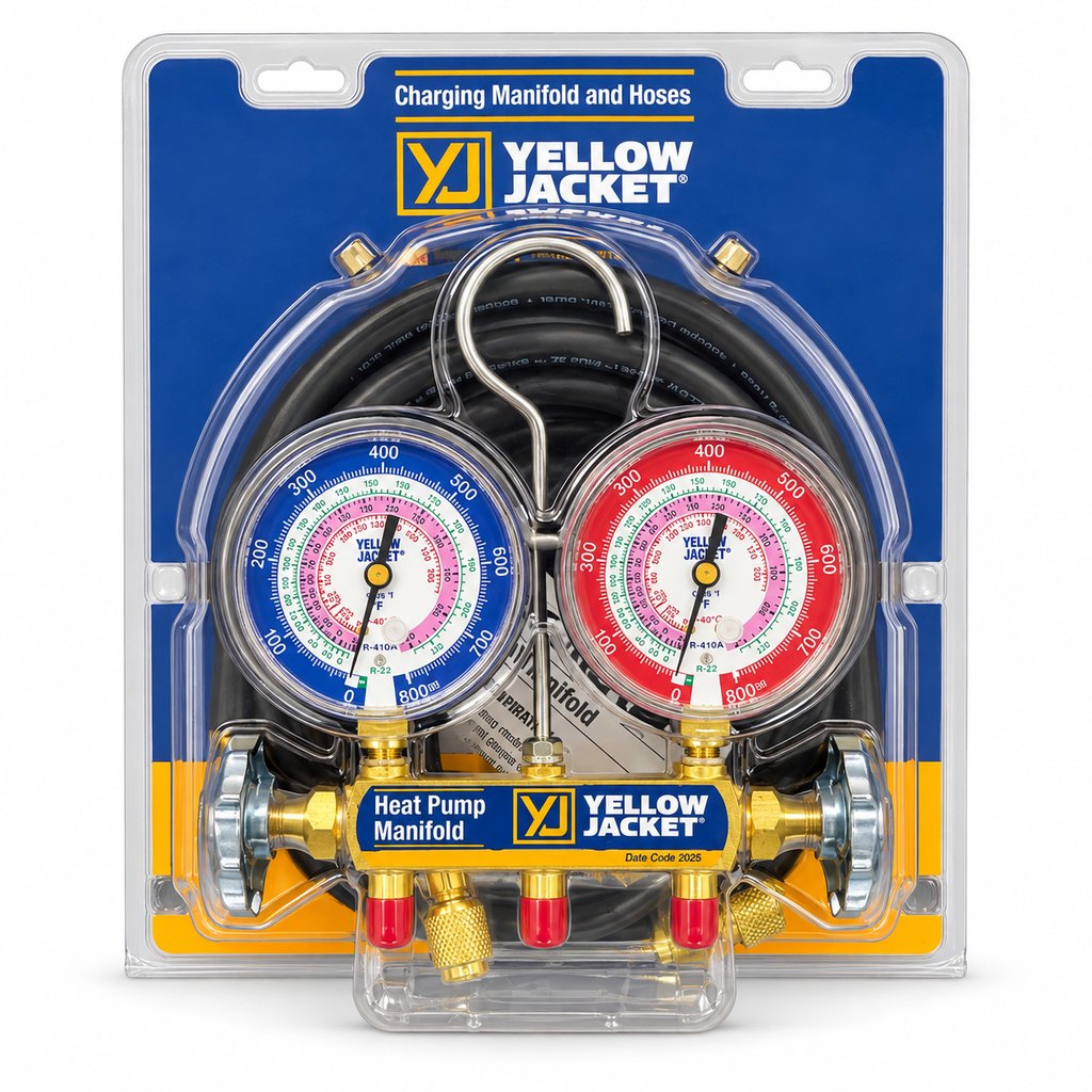 Yellow Jacket 42044 heat pump manifold and hoses, front view